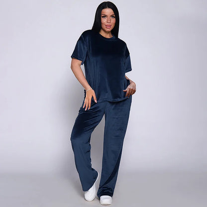 Loungewear- Velvet Loungewear 2 Piece Plus Size Set Pants & Top Pajamas- Short Blue- IndioGear.com