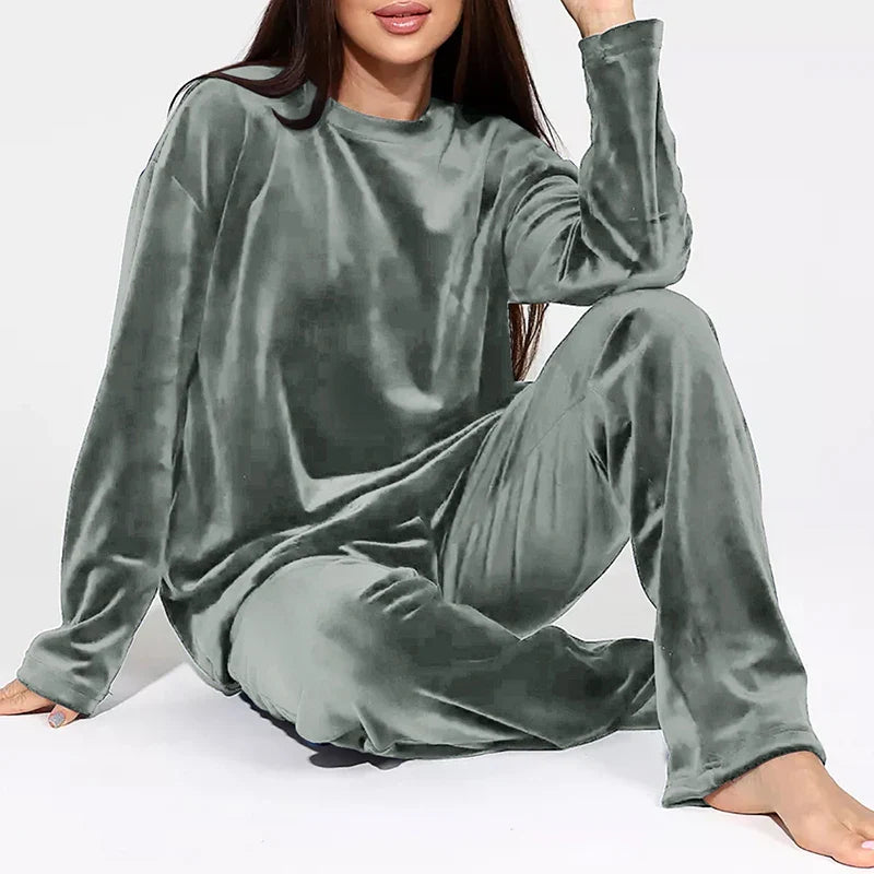 Loungewear- Velvet Loungewear 2 Piece Plus Size Set Pants & Top Pajamas- Long celadon- IndioGear.com