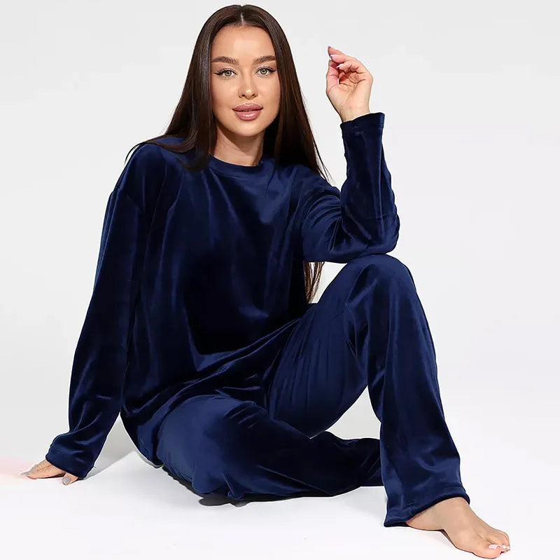 Loungewear- Velvet Loungewear 2 Piece Plus Size Set Pants & Top Pajamas- Long Blue- IndioGear.com