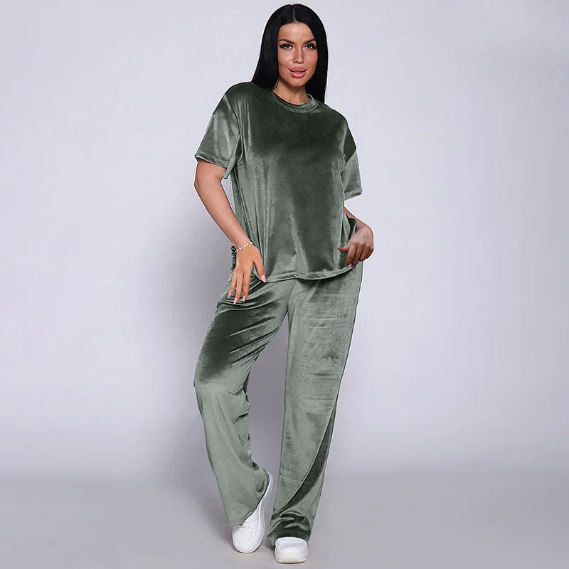 Loungewear- Velvet Loungewear 2 Piece Plus Size Set Pants & Top Pajamas- Short celadon- IndioGear.com