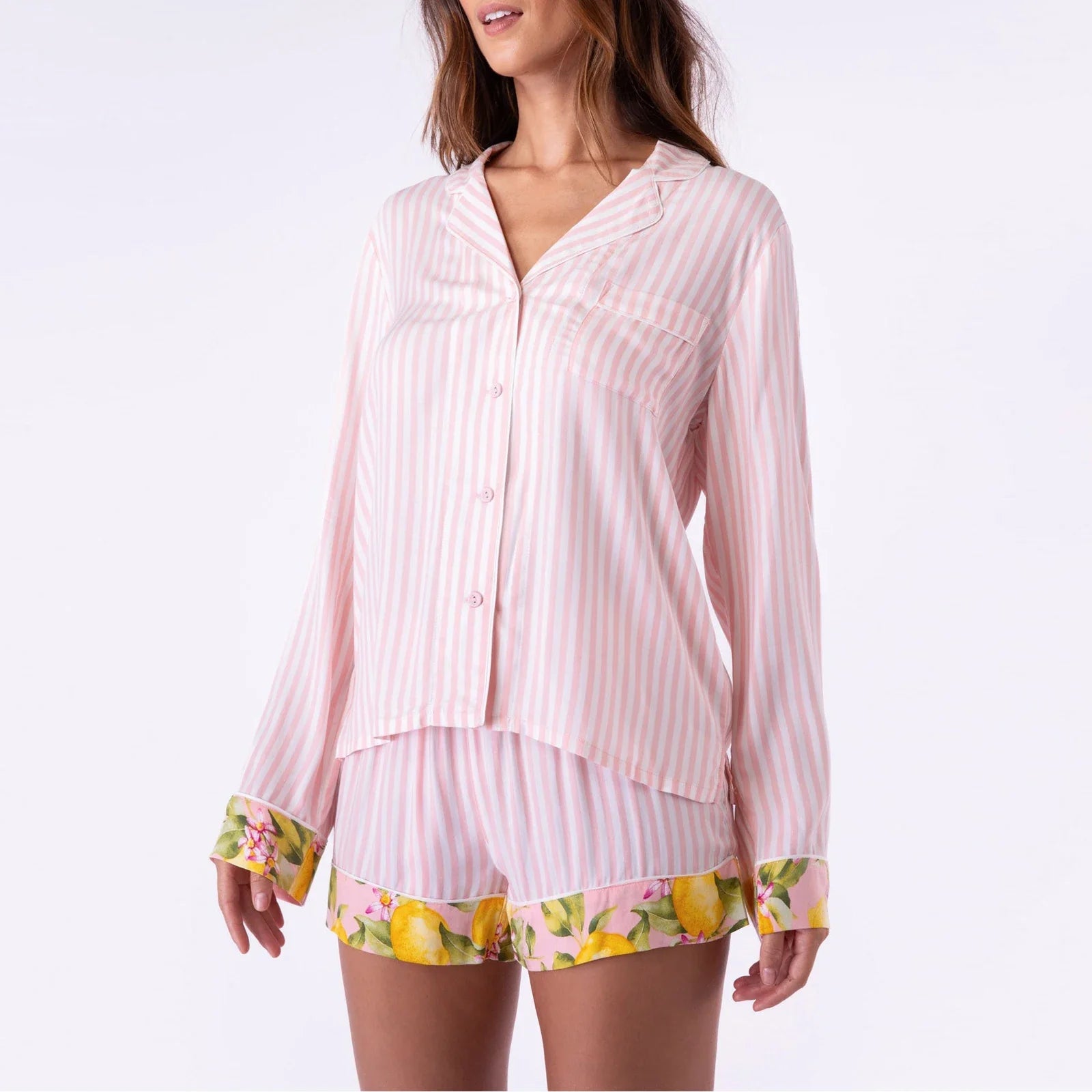 Loungewear- Women Fall Cozy Pink Striped Pajama Set with Citrus Accents- - IndioGear.com