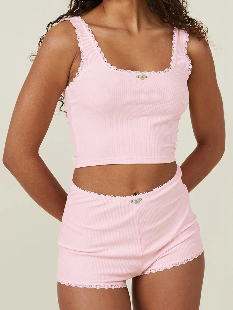 Loungewear- Women Loungewear Sleeveless Crop Top & Slim Shorts- Pink- IndioGear.com