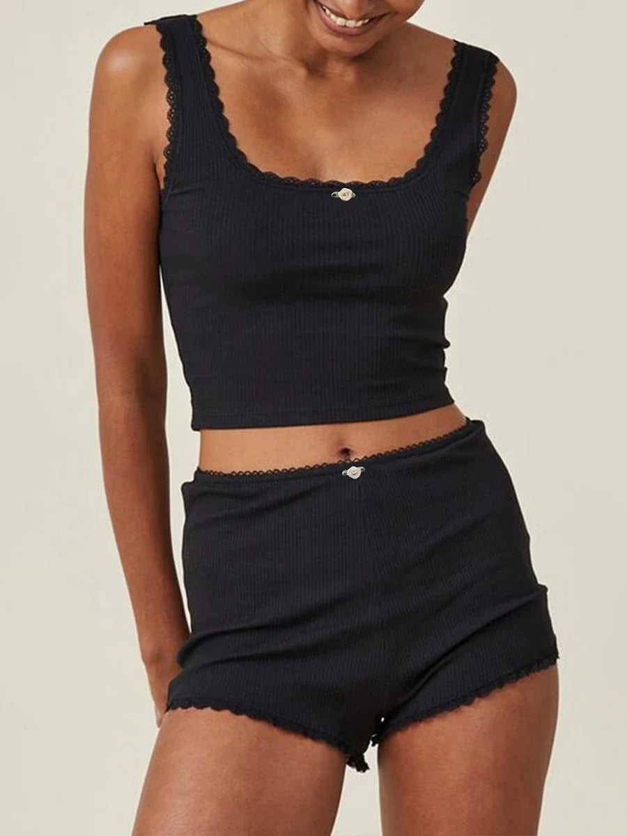 Loungewear- Women Loungewear Sleeveless Crop Top & Slim Shorts- Black- IndioGear.com