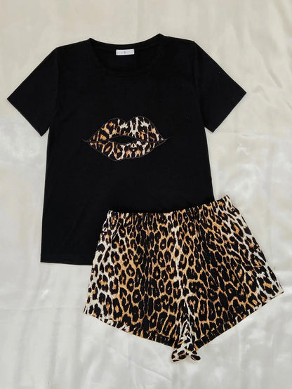 Women's Loungewear Set with Animal Print Tee & Shorts