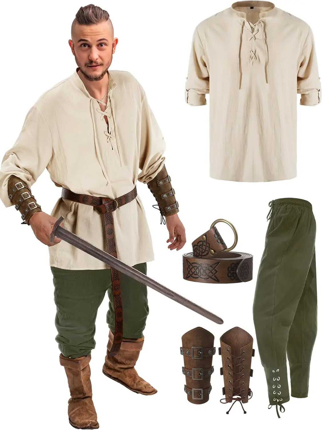 Male Halloween Costumes- 4 Pcs Medieval Maven Ensemble Kit - Halloween Best- Beige green- IndioGear.com