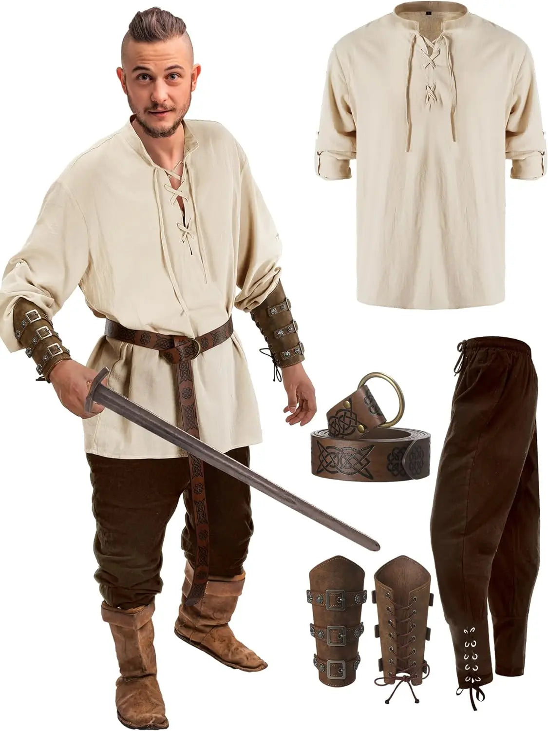 Male Halloween Costumes- 4 Pcs Medieval Maven Ensemble Kit - Halloween Best- brown black brown brown Beige brown black brown- IndioGear.com