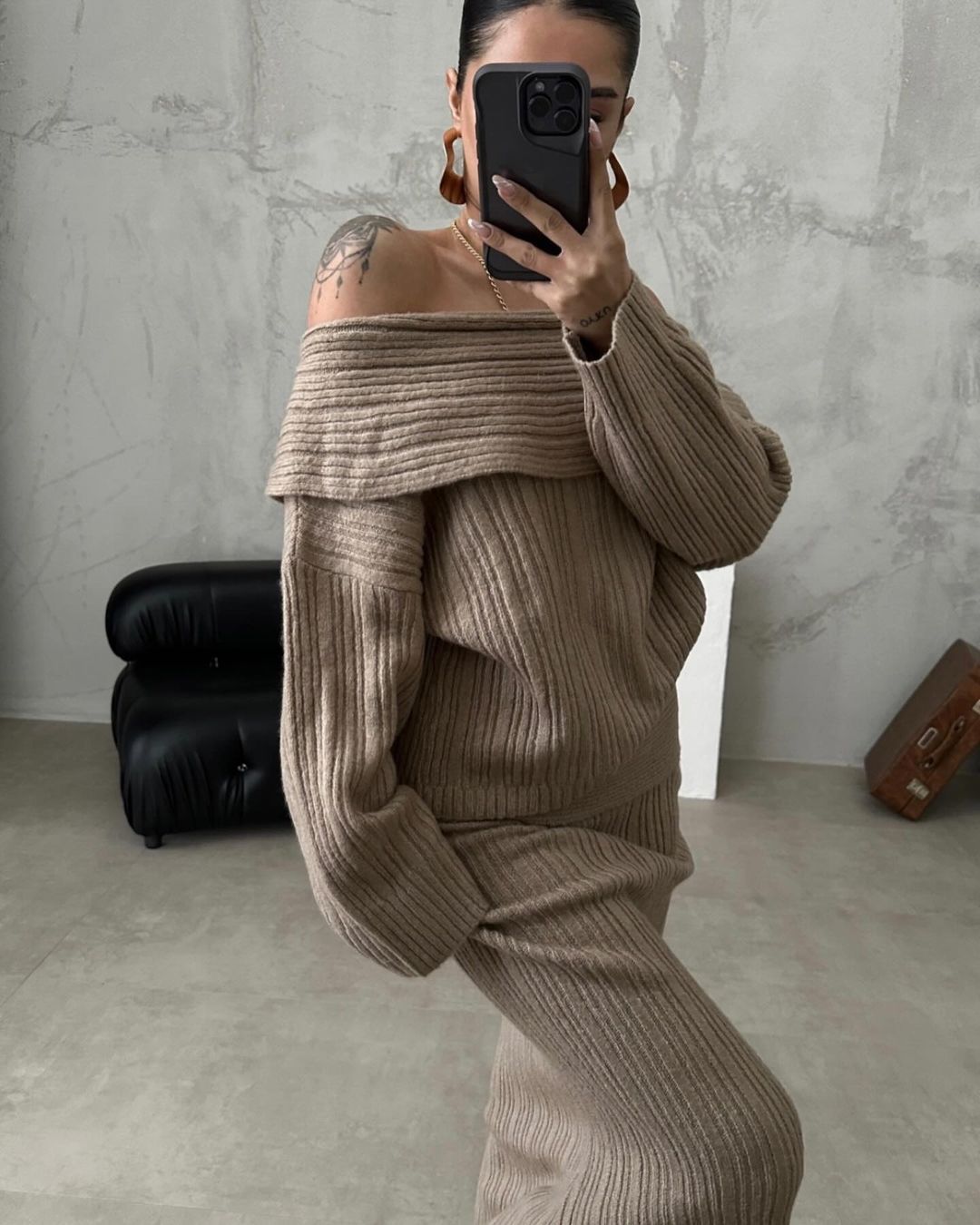 Matching Outfit Set- Off-Shoulder Cozy Knit Set – Sweater Top & Maxi Skirt- Camel- IndioGear Women Clothing