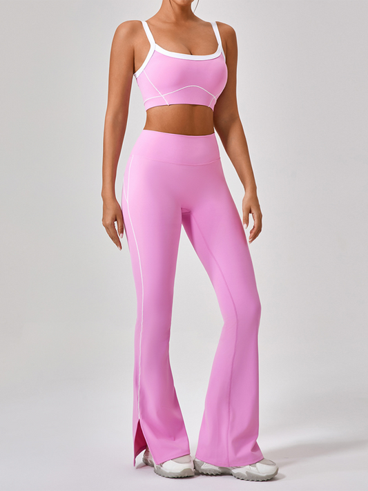 Matching Set Outfits- Active Flared Leggings Set with Sporty Crop Top- Pink- IndioGear.com