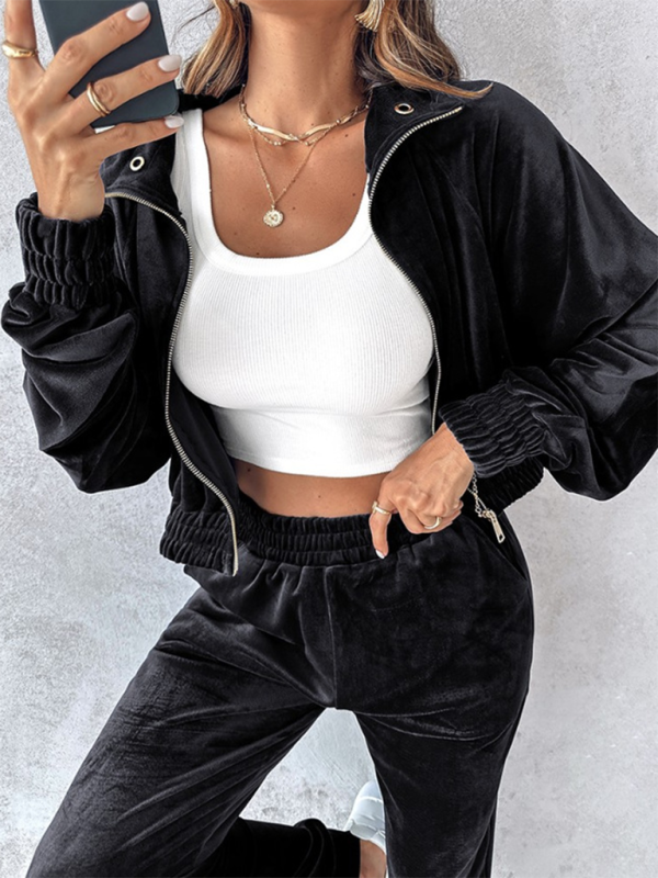 Matching Set Outfits- Comfy Velvet Tracksuit - Velour Jogger Pants & Crop Top- Black- IndioGear.com