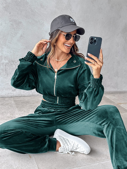 Matching Set Outfits- Comfy Velvet Tracksuit - Velour Jogger Pants & Crop Top- - IndioGear.com