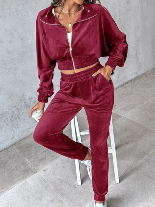 Matching Set Outfits- Comfy Velvet Tracksuit - Velour Jogger Pants & Crop Top- Red- IndioGear.com