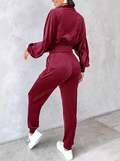 Matching Set Outfits- Comfy Velvet Tracksuit - Velour Jogger Pants & Crop Top- - IndioGear.com