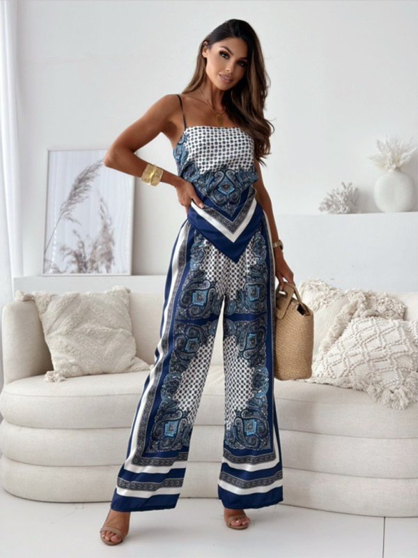 Matching Set Outfits- Dressy Boho Printed Wide-Leg Pants Set with Knot Back Top- Purplish blue navy- IndioGear.com