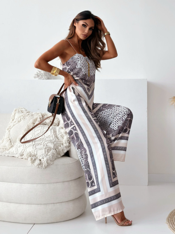 Matching Set Outfits- Dressy Boho Printed Wide-Leg Pants Set with Knot Back Top- - IndioGear.com