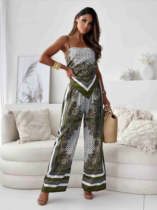 Matching Set Outfits- Dressy Boho Printed Wide-Leg Pants Set with Knot Back Top- Green- IndioGear.com