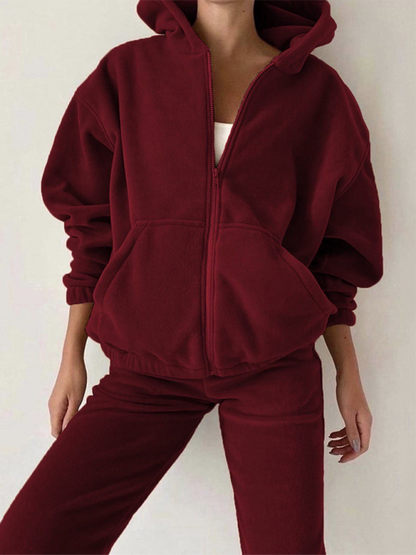 Matching Set Outfits- Velvet Hoodie Matching Set - Jogger Pants and Zip-Up Sweatshirts- Wine Red- IndioGear.com