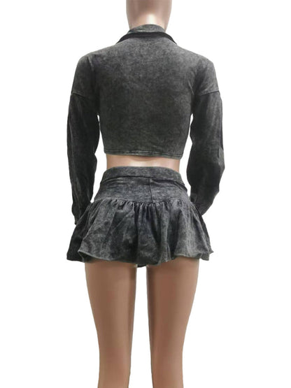 Matching Set- Washed Denim Crop Jacket and Mini Skort Set- - IndioGear Women Clothing