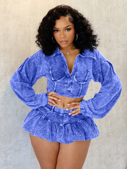 Matching Set- Washed Denim Crop Jacket and Mini Skort Set- Blue- IndioGear Women Clothing