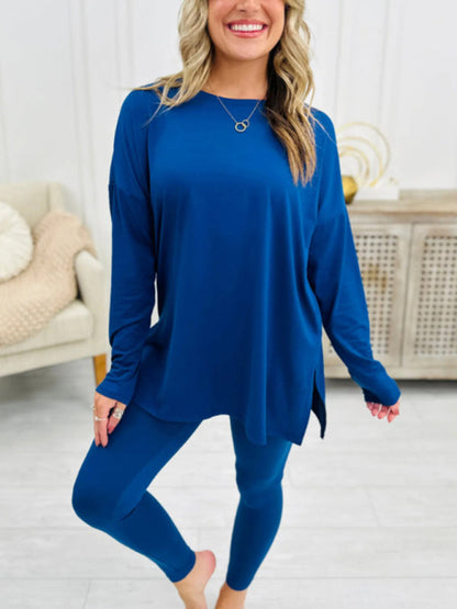 Matching Sets- Asymmetrical Pullover & Leggings Matching Set- Purplish blue navy- IndioGear Women Clothing