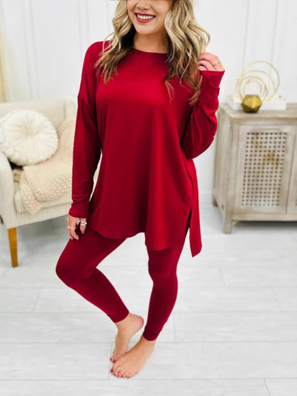 Matching Sets- Asymmetrical Pullover & Leggings Matching Set- Red- IndioGear Women Clothing