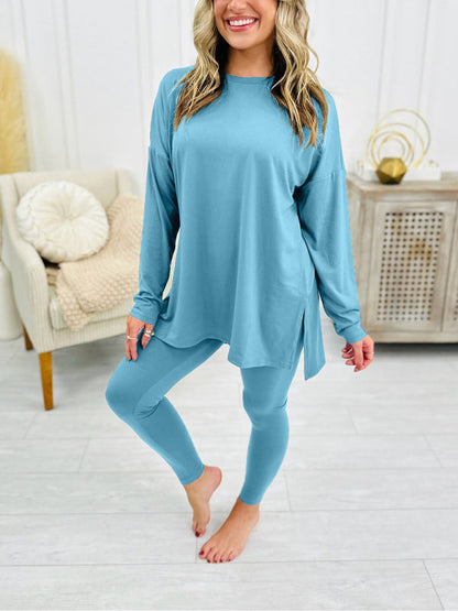 Matching Sets- Asymmetrical Pullover & Leggings Matching Set- Sky blue azure- IndioGear Women Clothing