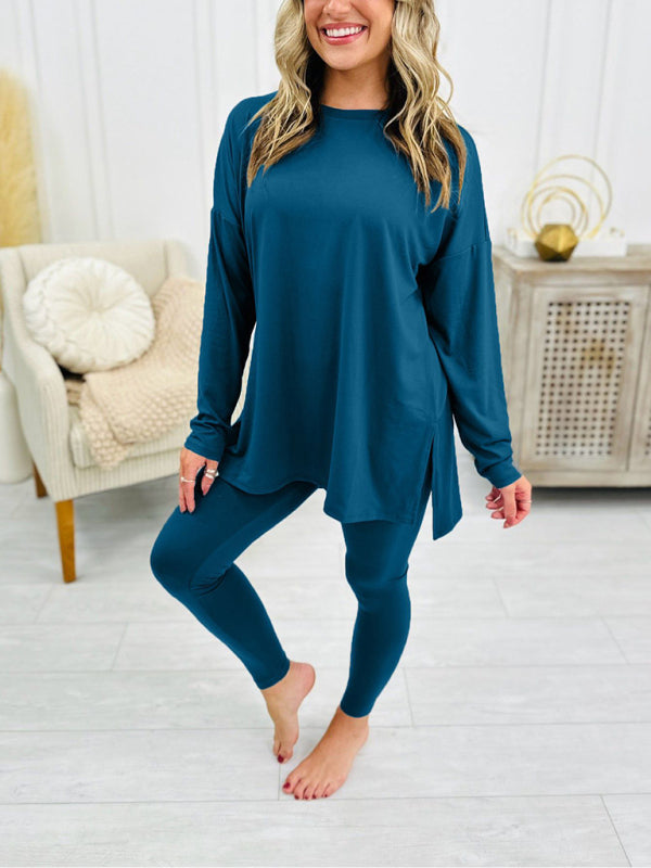 Matching Sets- Asymmetrical Pullover & Leggings Matching Set- Peacock blue- IndioGear Women Clothing