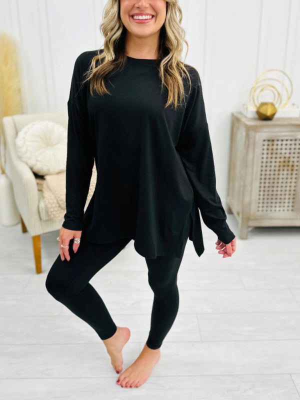 Matching Sets- Asymmetrical Pullover & Leggings Matching Set- Black- IndioGear Women Clothing