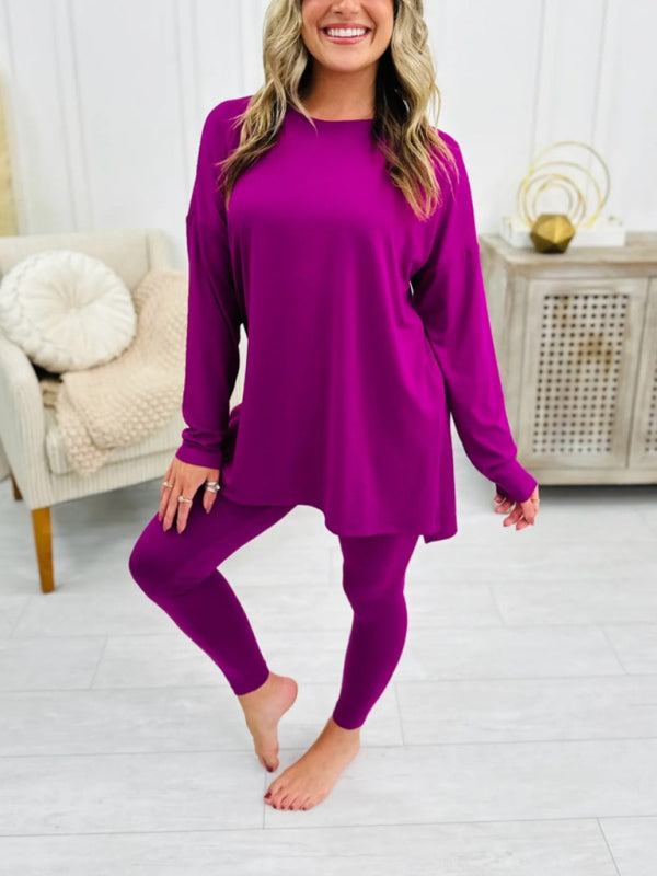 Matching Sets- Asymmetrical Pullover & Leggings Matching Set- Purplish red- IndioGear Women Clothing