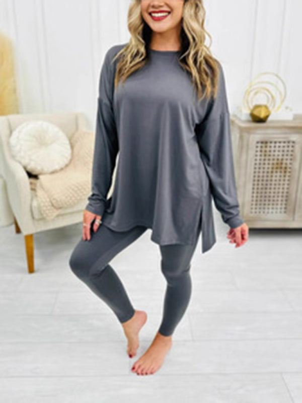 Matching Sets- Asymmetrical Pullover & Leggings Matching Set- Charcoal grey- IndioGear Women Clothing