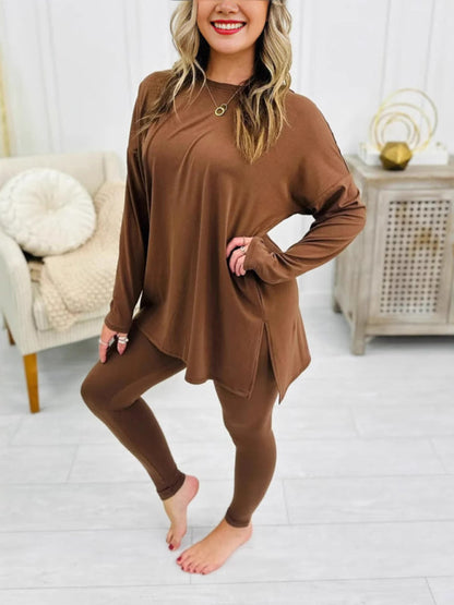 Matching Sets- Asymmetrical Pullover & Leggings Matching Set- Brown- IndioGear Women Clothing