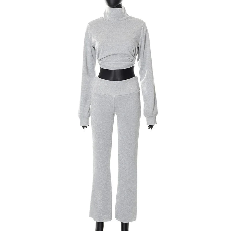 Matching Sets - Backless Turtleneck Crop Top & Flare Pants Lounge Casual Outfit