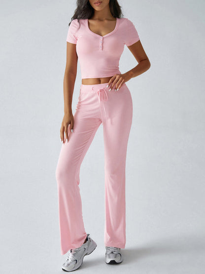 Matching Sets- Casual Matching Set Tee & Flared Pants for Every Day- Pink- IndioGear Women Clothing