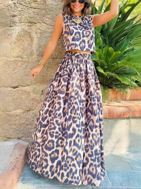 Matching Sets- Leopard Print Maxi Skirt & Crop Top Set 2 Piece Outfit- - IndioGear Women Clothing