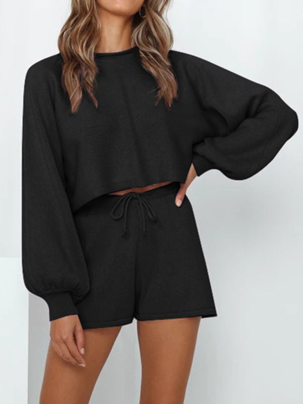 Matching Sets- Loungewear Set Casual Shorts & Pullover Set- Black- IndioGear Women Clothing