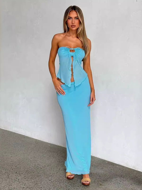 Matching Sets- Strapless Tie-Front Top and Skirt 2 Piece Matching Set- - IndioGear Women Clothing