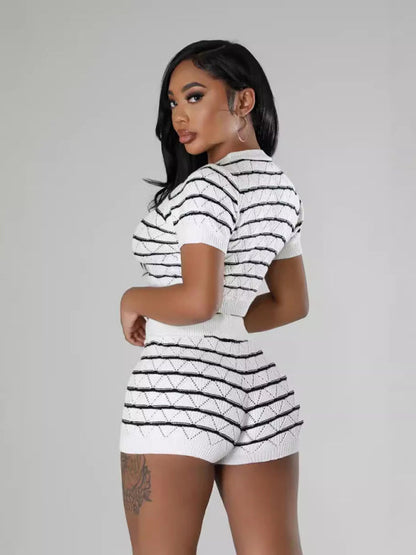 Matching Sets- Striped Knit Crop Top & Shorts Set- - IndioGear Women Clothing