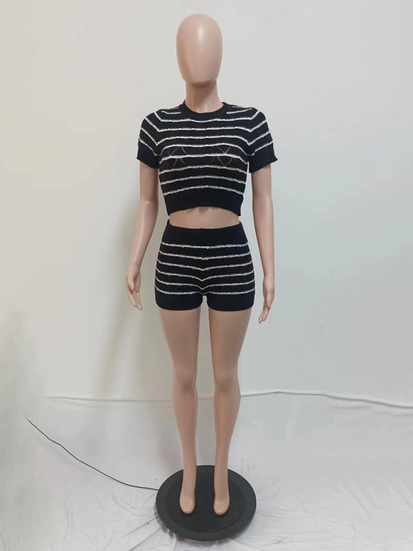 Matching Sets- Striped Knit Crop Top & Shorts Set- - IndioGear Women Clothing