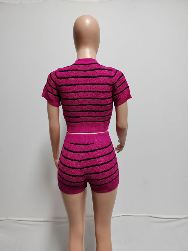 Matching Sets- Striped Knit Crop Top & Shorts Set- - IndioGear Women Clothing