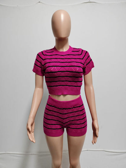 Matching Sets- Striped Knit Crop Top & Shorts Set- - IndioGear Women Clothing