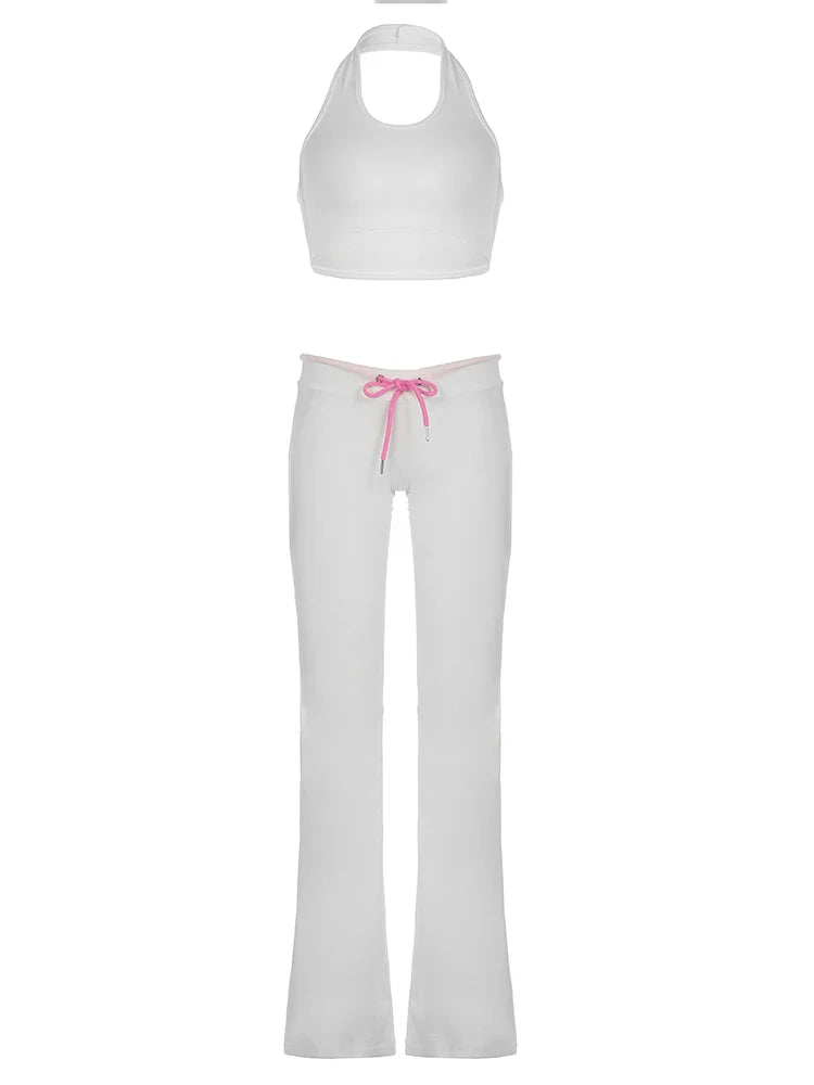 Matching Sets- Women Halter & Flared Leggings Set Crop Top & Pants- White- IndioGear Women Clothing