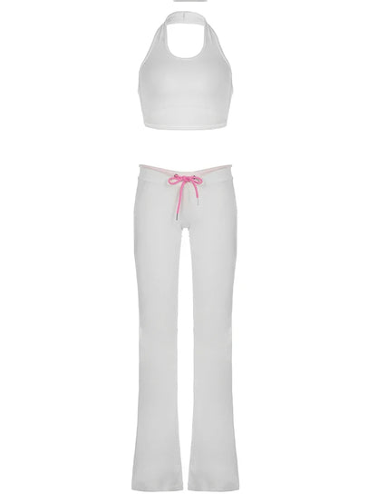 Matching Sets- Women Halter & Flared Leggings Set Crop Top & Pants- White- IndioGear Women Clothing