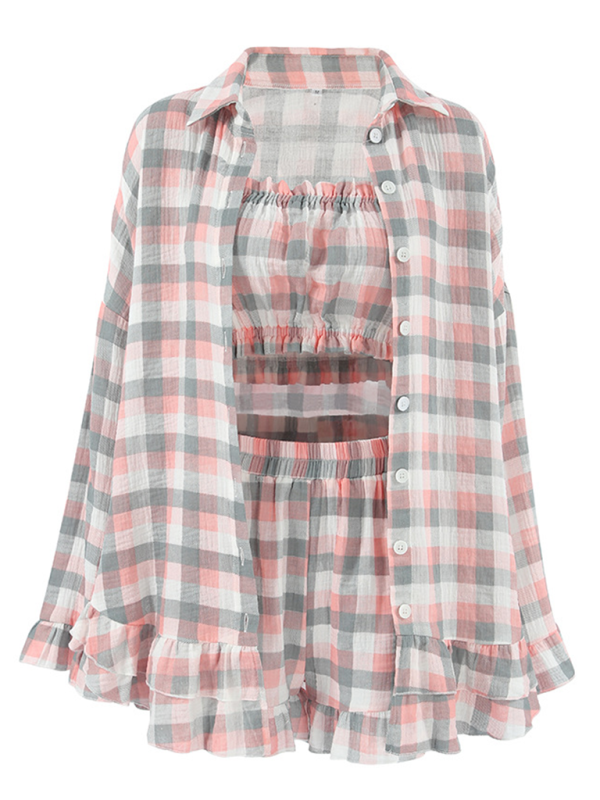 Matching Sets- Women Ruffles Three-Piece Plaid Loungewear Set- - IndioGear.com