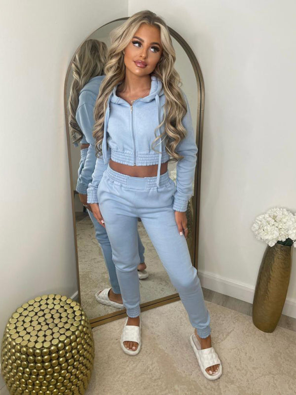 Matching Sets- Women's Crop Hoodie & Joggers Set Tracksuit Sweatpants- Clear blue- IndioGear Women Clothing