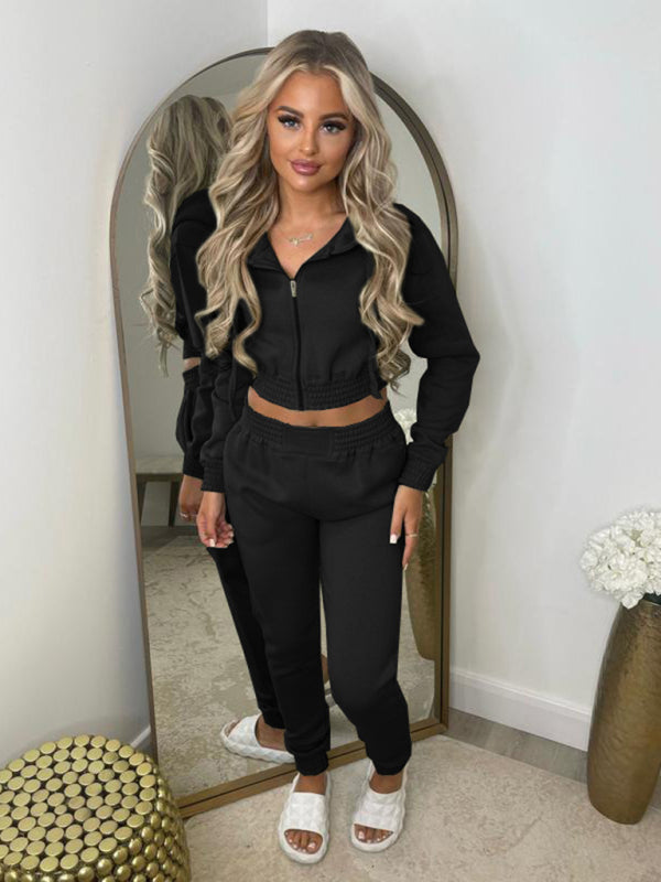 Matching Sets- Women's Crop Hoodie & Joggers Set Tracksuit Sweatpants- Black- IndioGear Women Clothing