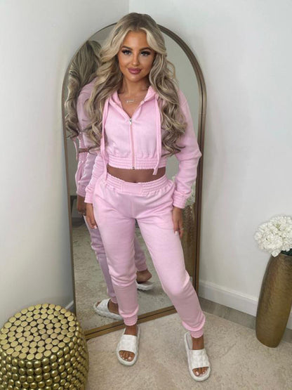 Matching Sets- Women's Crop Hoodie & Joggers Set Tracksuit Sweatpants- Pink- IndioGear Women Clothing