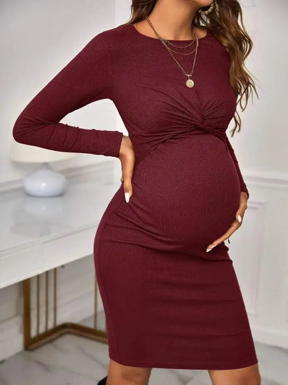 Maternity Dresses- Belly Embrace Knit Midi - Long Sleeve Maternity- - IndioGear Women Clothing