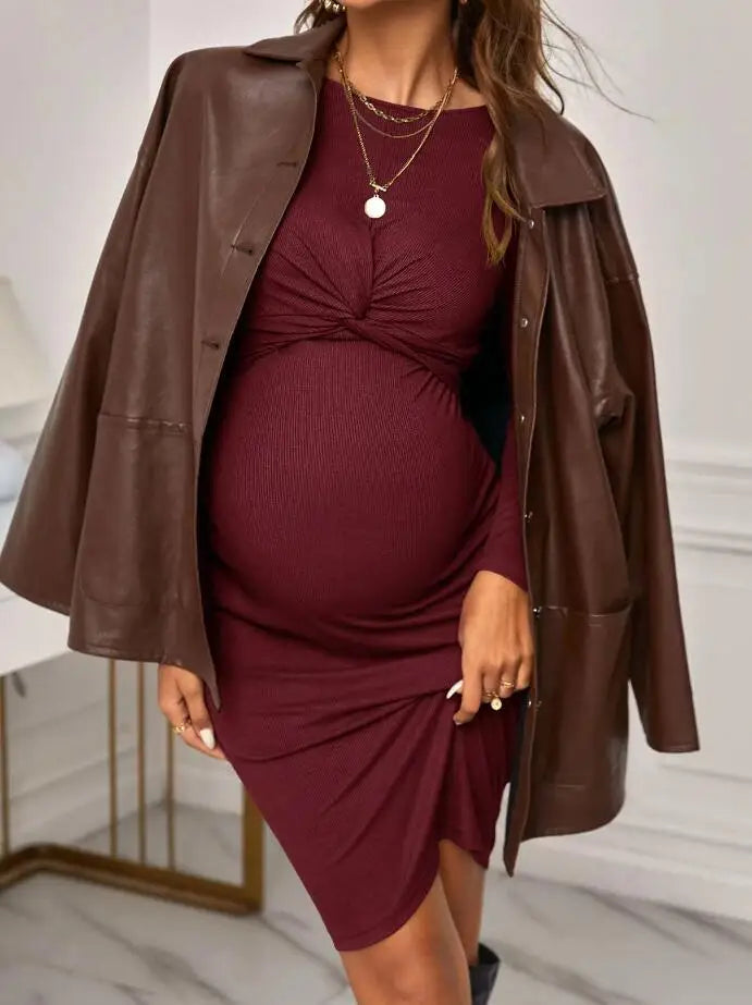 Maternity Dresses- Belly Embrace Knit Midi - Long Sleeve Maternity- - IndioGear Women Clothing