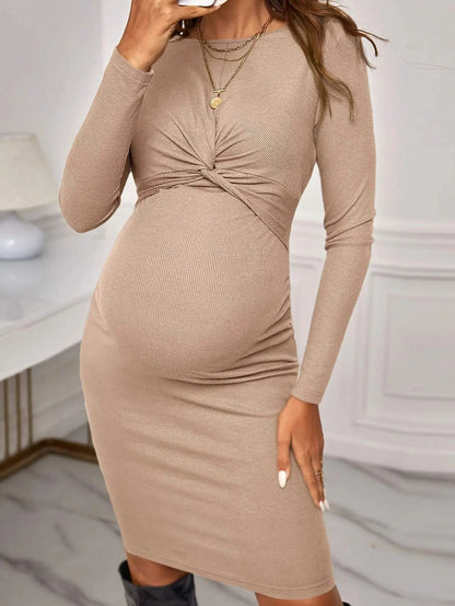 Maternity Dresses- Belly Embrace Knit Midi - Long Sleeve Maternity- Khaki- IndioGear Women Clothing