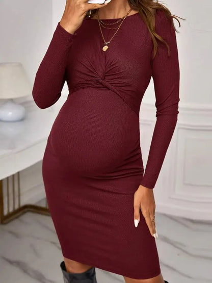 Maternity Dresses- Belly Embrace Knit Midi - Long Sleeve Maternity- Wine red- IndioGear Women Clothing