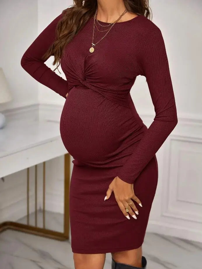 Maternity Dresses- Belly Embrace Knit Midi - Long Sleeve Maternity- - IndioGear Women Clothing